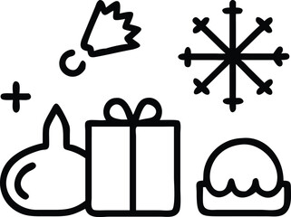 Half outline half colourful icon showing Santa with gift boxes, pumpkin candles, turkey, and fireworks near a New Year countdown.