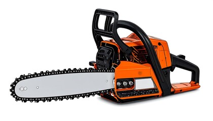 Orange chainsaw against a white background