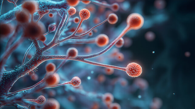 Mucor mold, generative ai illustration. Fungal organism with branching hyphae and sporangia, responsible for mucormycosis in humans