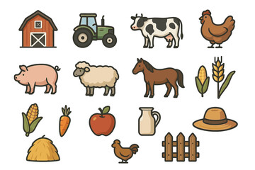 Fototapeta premium Farm icons set: barn, tractor, cow, chicken, pig, sheep, horse, harvest crops, produce