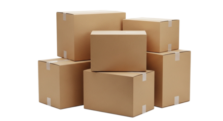 Stack of brown cardboard boxes isolated on transparent background for shipping