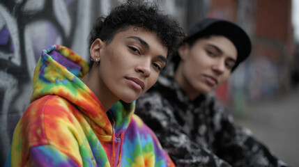 Obraz premium Two young people with curly hair in casual urban outfits outdoors.