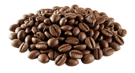 Pile of roasted coffee beans isolated on transparent background