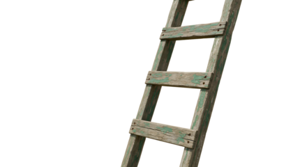 FARMING - Old weathered wooden ladder with peeling paint isolated on white background, rustic tool perfect for construction or home improvement projects