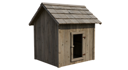 FARMING - Rustic wooden dog house with shingled roof isolated on white background, perfect for pet or animal shelter projects
