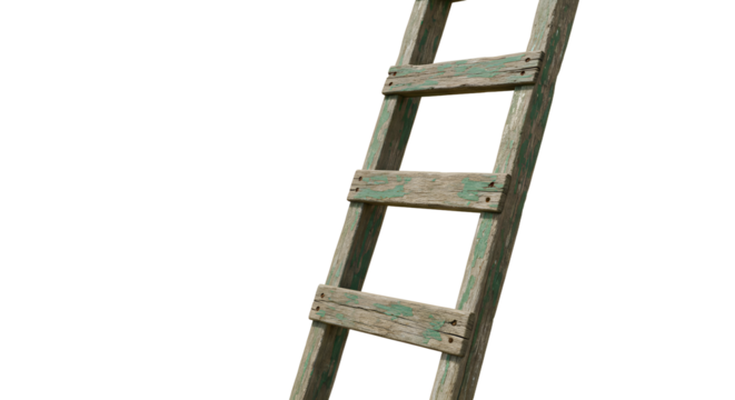 FARMING - Old weathered wooden ladder with peeling paint isolated on white background, rustic tool perfect for construction or home improvement projects