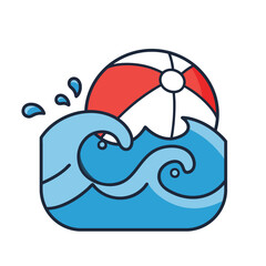 Inflatable red and white beach ball bobbing on stylized blue water waves.