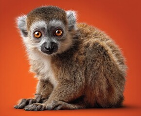 Obraz premium A captivating close-up of a young lemur, showcasing its detailed fur and expressive eyes against a vibrant orange background.