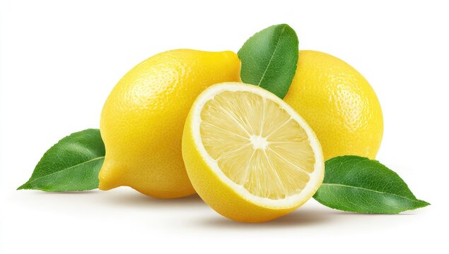Two whole lemons and a lemon slice, vibrant yellow, with fresh green leaves, isolated on white