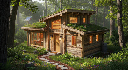Naklejka premium A cozy, eco-friendly wooden cabin with a green roof and solar panel is nestled peacefully in a dense forest.