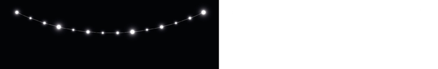 Decorative string lights overlay on a contrasting black and white background, creating a festive atmosphere for design projects and enhancing visual appeal with soft illumination