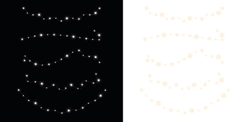 Decorative string lights overlay in two contrasting styles, featuring bright white lights on black and soft peach lights on white, ideal for enhancing festive designs and creative projects