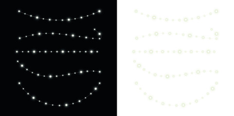 Sparkling light string overlay on black and white backgrounds, featuring glowing orbs and twinkling stars, perfect for festive designs and creative projects with copy space