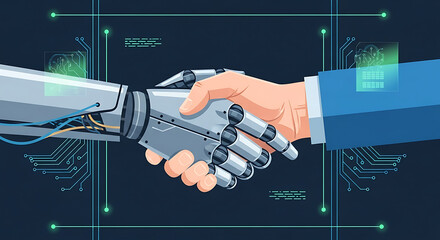 Robot and human hands shaking in agreement against a dark blue technological background design art ai generated