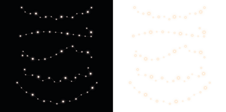 Decorative string lights overlay in two contrasting styles, featuring bright white lights on black and soft peach lights on white, ideal for enhancing festive designs and creative projects