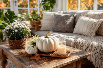 Cozy Autumn Living Room with White Pumpkins and Seasonal Decor