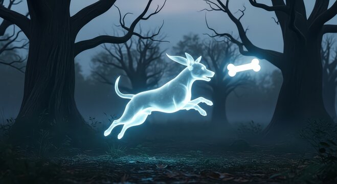 Glowing spectral dog leaping for bone in mystical forest with ethereal, dreamy atmosphere
