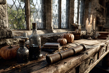 Rustic Autumn Still Life with Vintage Bottles and Pumpkins in Sunlit Old Library