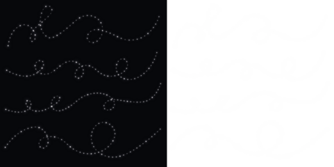 Elegant white dotted line overlays on a black background, featuring various flowing curves and swirls, perfect for creative design projects and digital artwork enhancement