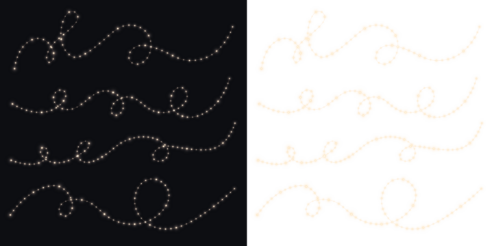 Elegant string lights overlay design featuring delicate glowing dots on contrasting black and white backgrounds, perfect for enhancing festive and romantic visual themes
