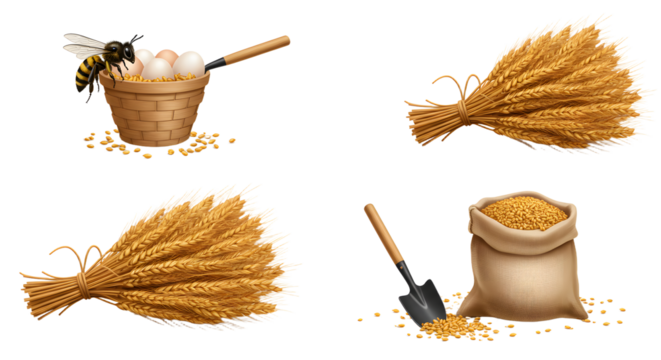 FARMING - Wheat sheaves, basket with eggs and bee, burlap sack of grain, and small shovel, agricultural farming concept, harvest and natural food elements