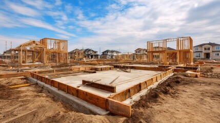 A construction site showing the skeleton of a house being built, with foundations being laid.