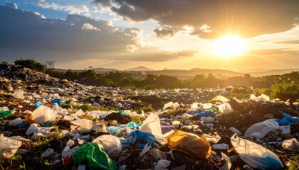 Environmental pollution caused by accumulation of plastic waste and debris in a landfill site under a sunset sky, symbolizing ecological damage