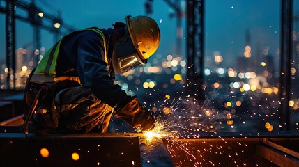 Welder working at night with sparks flying on a construction site.
