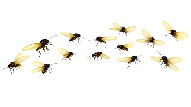 Dynamic Swarm of Flying Insects with Golden Wings Migrating Across an Isolated White Background.