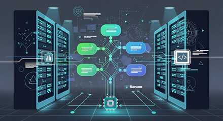 Servers connected to a central processor with data flowing between them in a network architecture ai generated