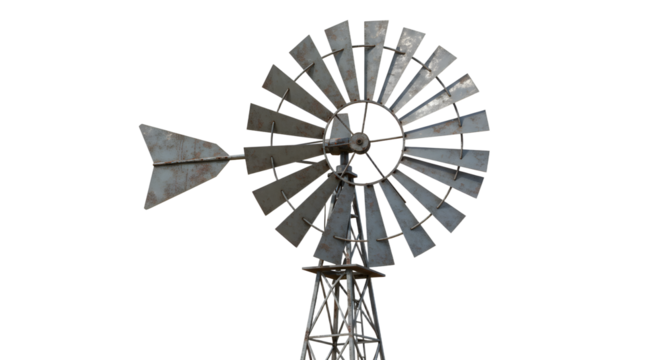 FARMING - Rustic old windmill isolated on white background with weathered metal blades and tower structure, vintage rural farm equipment