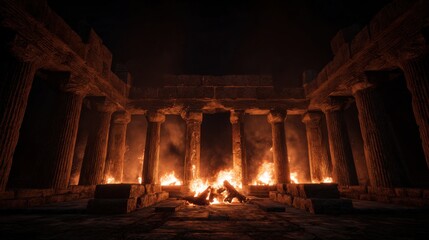 ancient temple burning at night