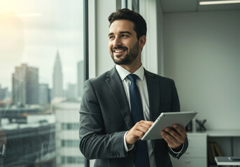 Fototapeta premium Smiling businessman using tablet while looking out of the window