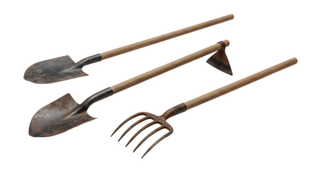 FARMING - Rusty gardening tools including two shovels and a hand rake with wooden handles, ideal for outdoor yard work and planting projects