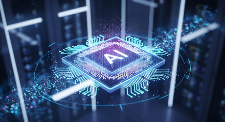 Close up of a glowing ai chip with circuit board design and particles floating around it in a dark setting ai generated
