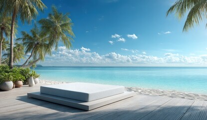 White platform bed on a tropical beach