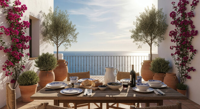 A Mediterranean-inspired patio: whitewashed walls, terracotta pots with olive trees, a rustic wooden table set with blue ceramics, and a view of a sun-drenched sea
