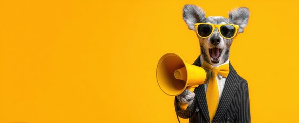 The stylish dog wearing sunglasses and a bowtie with a megaphone.