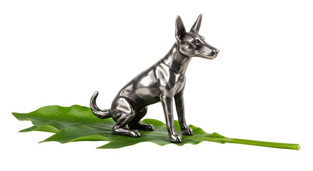 Obraz premium FARMING - Shiny silver dog statue sitting on a green leaf isolated on white background, perfect for home decor or pet lovers
