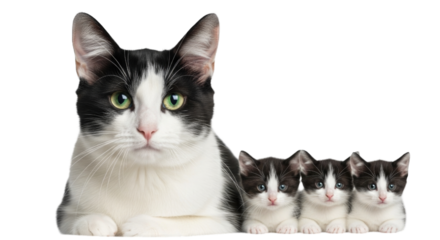 Black and white cat with three kittens cutout isolated transparent bg png