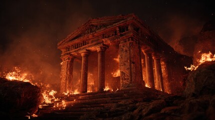 burning ancient temple ruins night