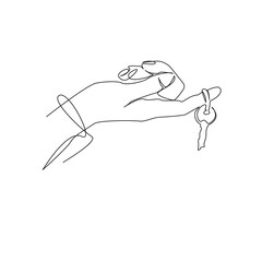 One continuous single drawing line art flat doodle key, person, holding, woman, female, adult, hand, security, home, new. Isolated image hand draw contour on a white background, hand drawn, not AI