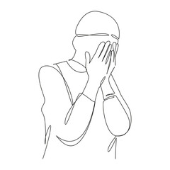 One continuous single drawing line art flat doodle person, islam, religion, praying, spirituality, man, ramadan, adult, koran. Isolated image hand draw contour on a white background, hand drawn, not A