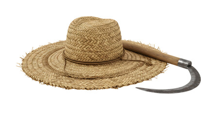 FARMING - Straw gardening hat with sickle isolated on white background, rustic farm tools perfect for gardening and outdoor work