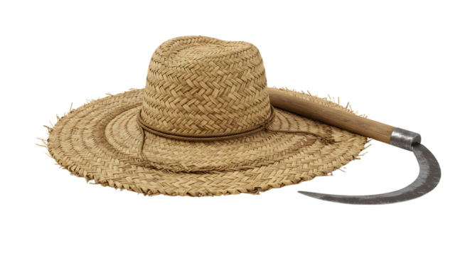 FARMING - Straw gardening hat with sickle isolated on white background, rustic farm tools perfect for gardening and outdoor work