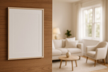 Blank picture frame mockup, modern living room interior, wood accent wall background, contemporary home decor, cozy lifestyle template, empty frame for copy space