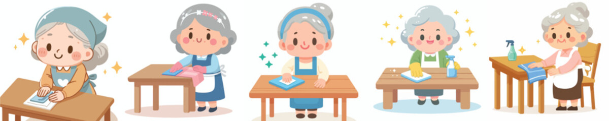 vector of a grandmother wiping a dirty table