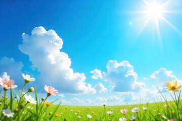 Fototapeta premium Azure sky, fluffy white clouds, bright sunlight, idyllic summer scene Perfect for travel, weather, nature, and happiness themes Ideal for websites, brochures, and calendars , meteorology, nature