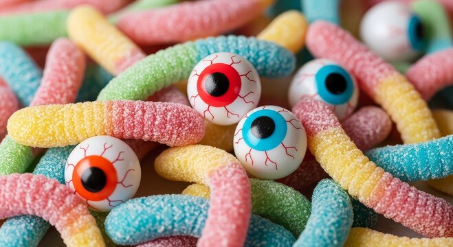 Spooky Halloween candy scene with gummy worms and colorful eyeball sweets for treats