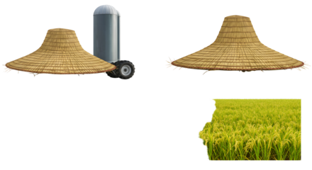 FARMING - Traditional Asian conical straw hats with modern rice planting equipment and lush green rice field, perfect for agricultural and farming themes